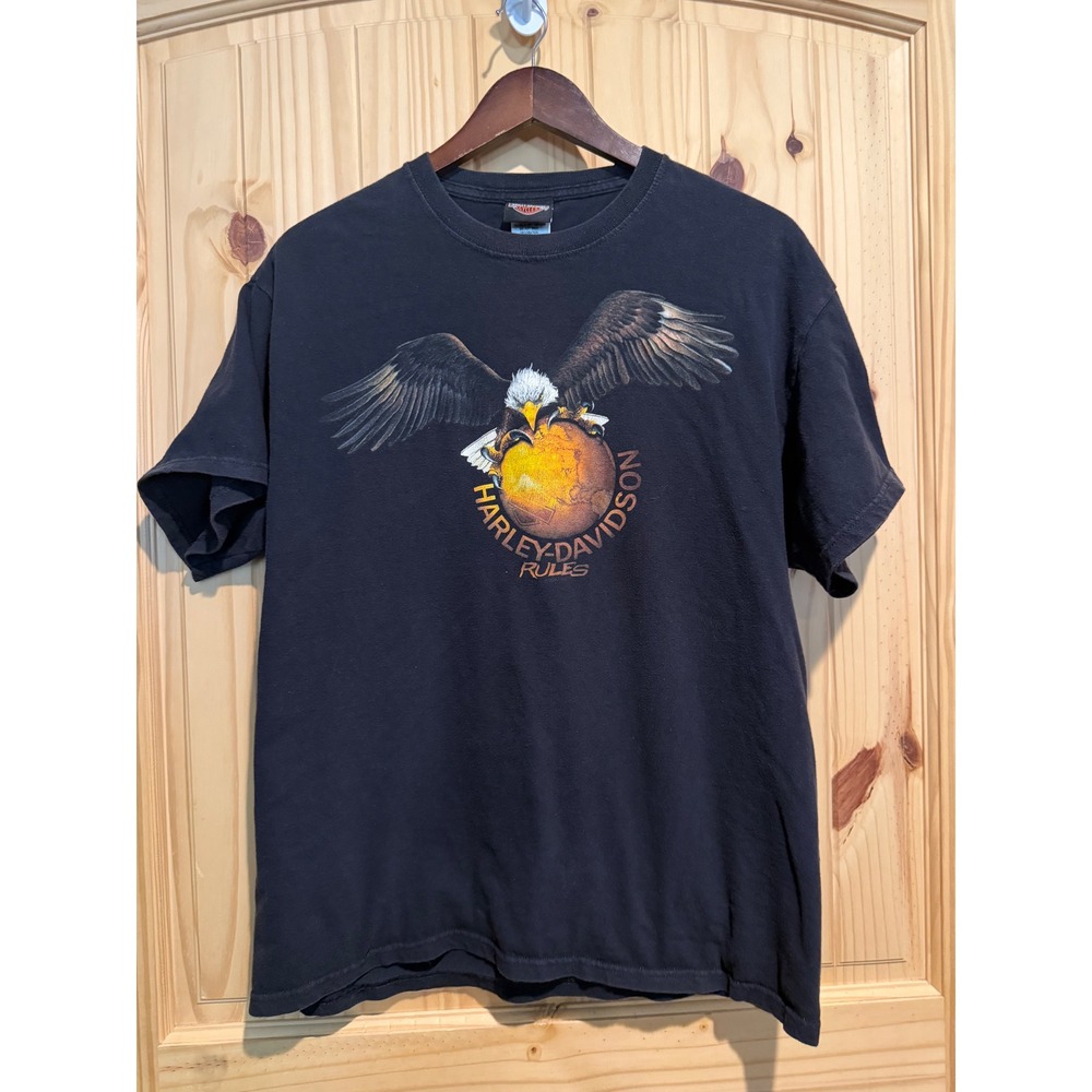 Harley-Davidson St Paul Minnesota Eagle Globe Graphic T-Shirt Mens L Black 2002